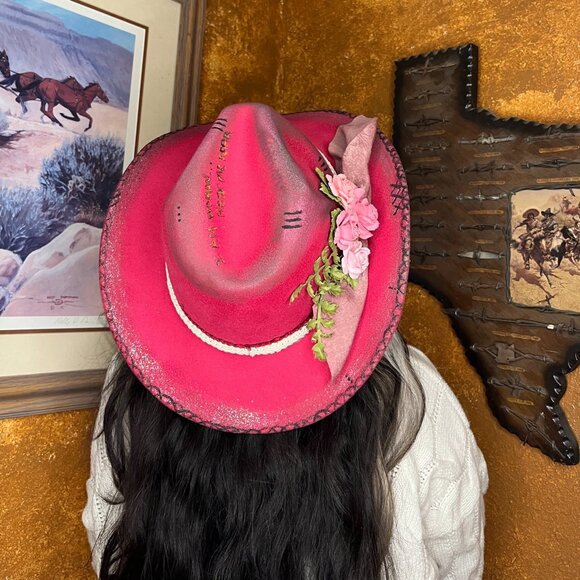 Christine 505 Designs Accessories - Hot Pink Fedora Cowboy styled hat Burned slogan New Adjustable Custom Made